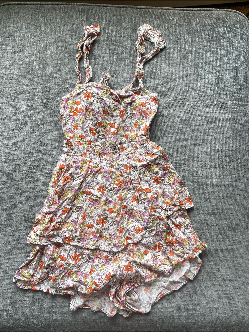 3/$20 BeBop Floral Tiered Romper in White, Orange & Pink